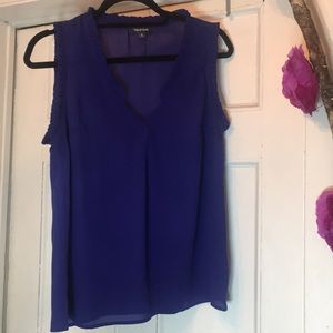 Modcloth V Neck Sleeve Blue Blouse with a  frill trim .